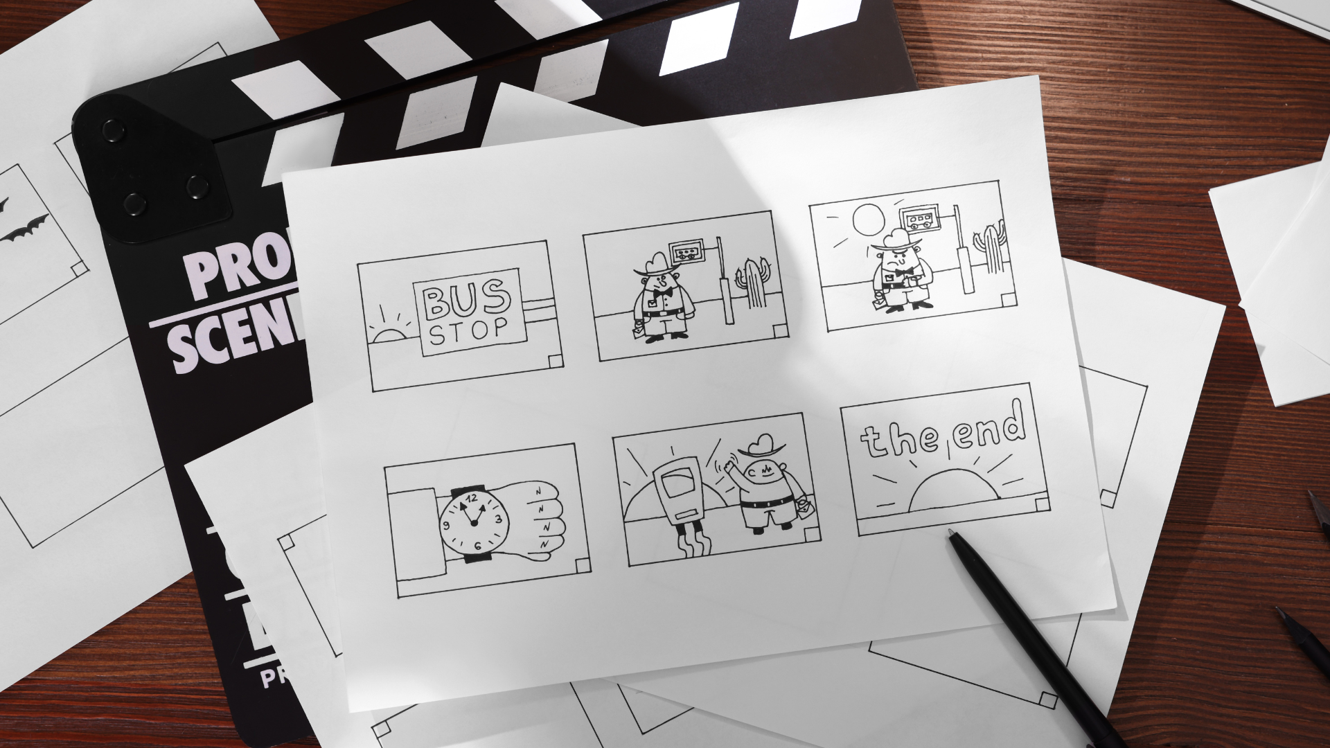 An imager of a video story board with hand drawn scenes